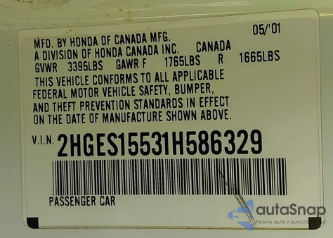 2001 Honda Civic Lx z USA, uszkodzony, nr VIN 2HGES15531H586329